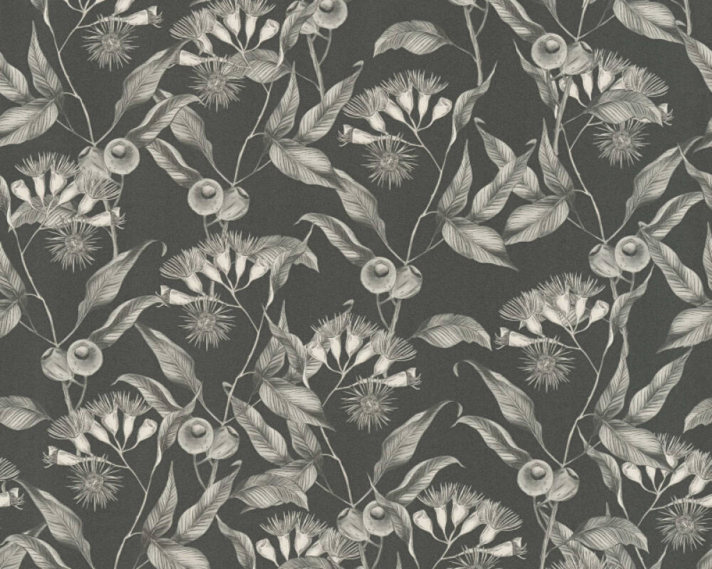 Vliesové tapety šedé bobule a kvety na čiernom pozadí, 39430-2 Drawn into Nature